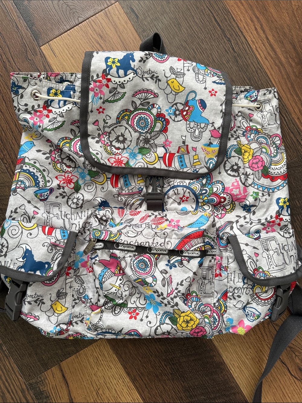 Lesportsac Gray Drawstring Backpack with Multicolor Floral Doodle Print